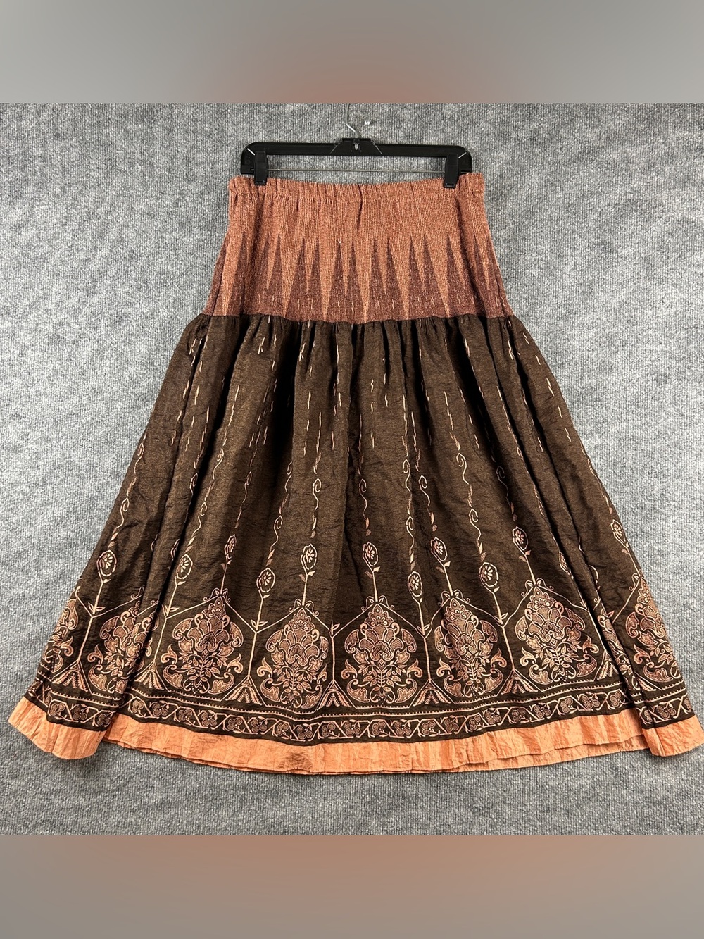 Coldwater Creek Brown Terracotta Damask Crinkle Tiered Maxi Skirt Size PS Petite
